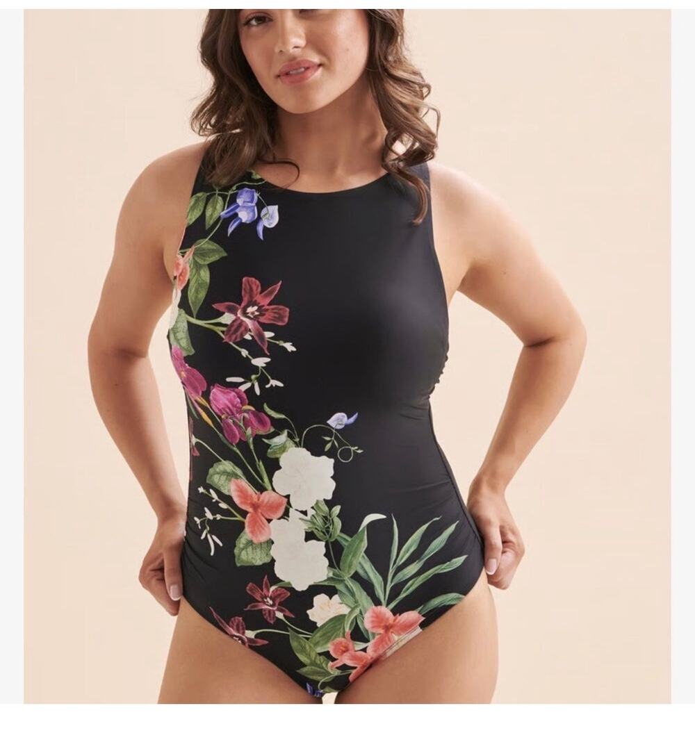 Jantzen Layla Cross Back High-Neck One-Piece black floral sz 6